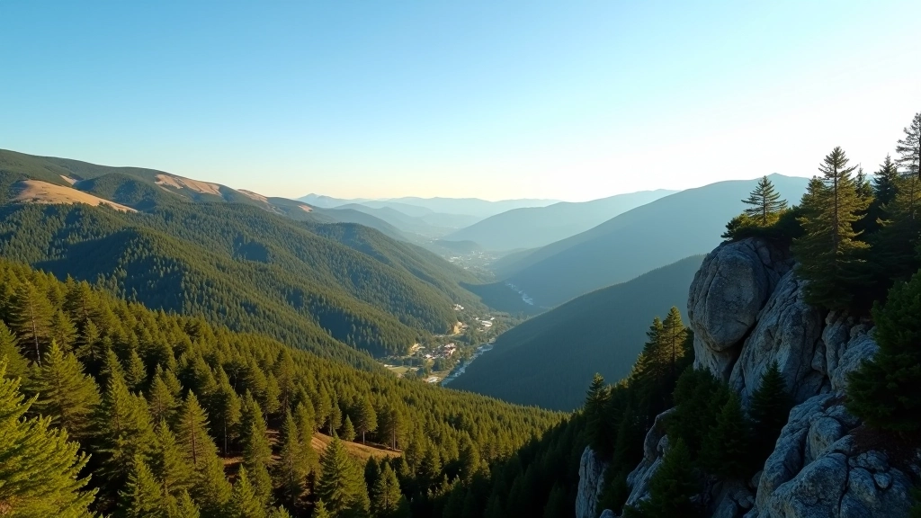 Panoramický výhled na údolí z vysokého bodu, horská krajina, čisté nebe